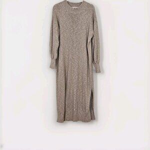 FP Beach Sweater Dress Womens L Marled Khaki LS Boho Knit Slit Coastal Hippie